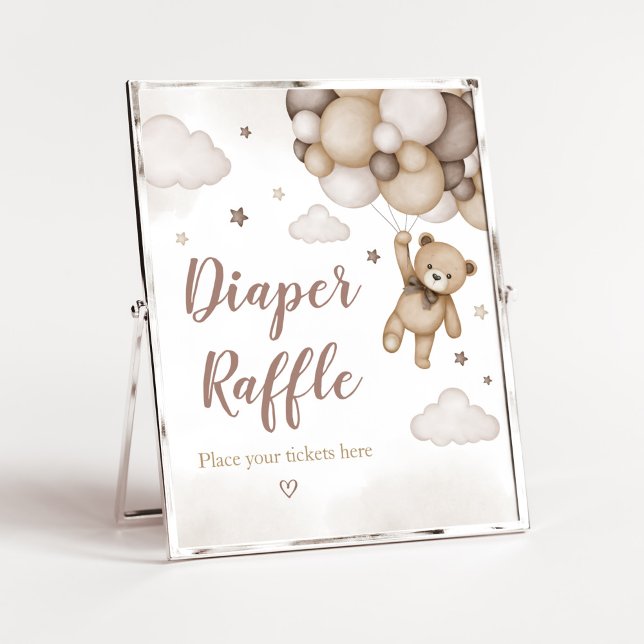 Brown Bear Balloon Baby Shower Diaper Raffle Poster (Brown Boho Bear Baby Shower  Diaper Raffle Sign)
