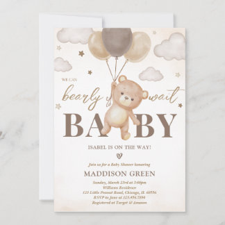 Brown Bear Balloon Baby Shower Invitation
