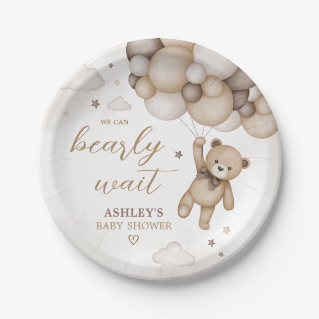 Brown Bear Balloon Baby Shower Paper Plate (Front)