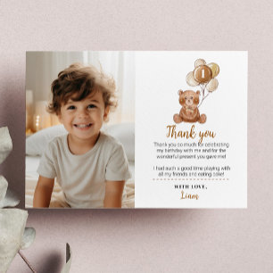 Brown Bear Balloon Birthday Photo Thank You Card
