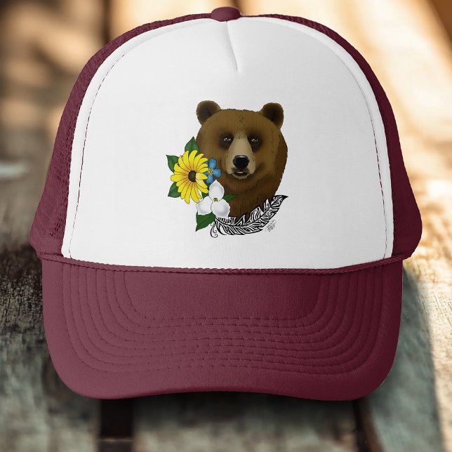 Brown Bear Blue Flowers Feather Trucker Hat (Creator Uploaded)