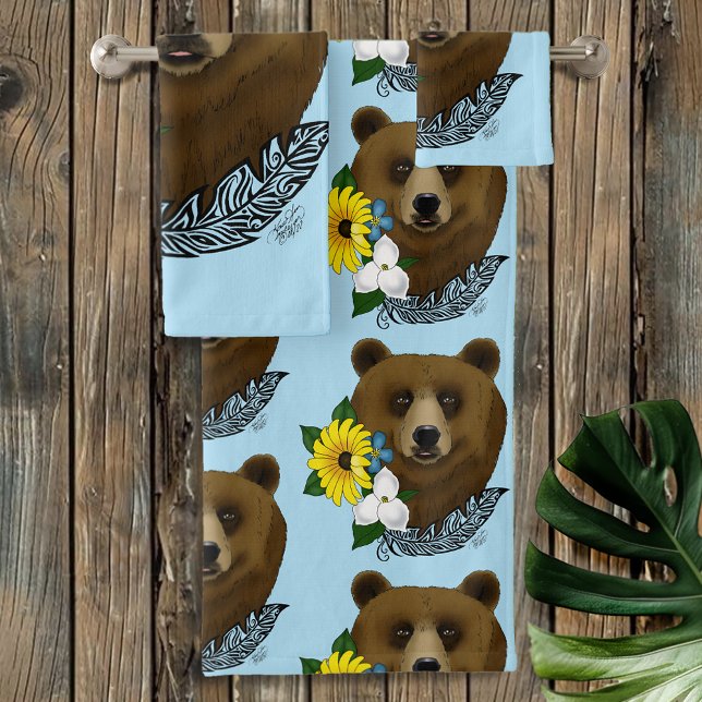 Brown Bear Blue Flowers Feather Wildlife Bath Towel Set (Creator Uploaded)