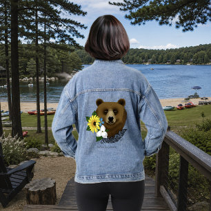 Brown Bear Blue Flowers Feather Wildlife Denim Jacket