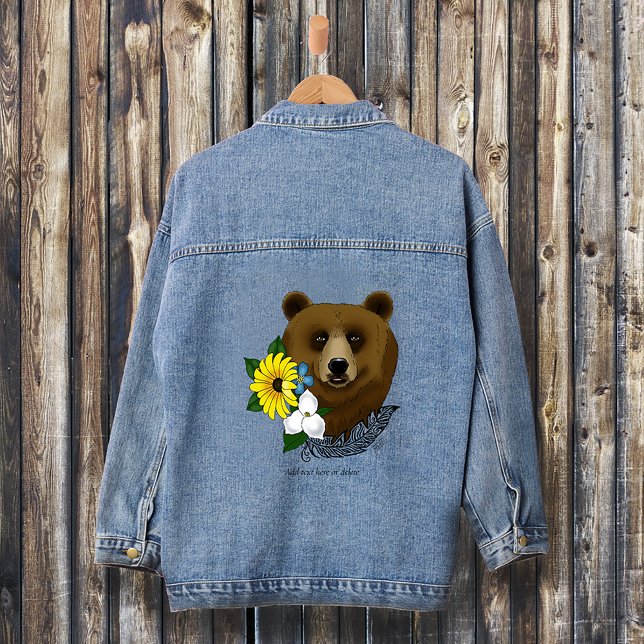 Brown Bear Blue Flowers Feather Wildlife Denim Jacket (Creator Uploaded)