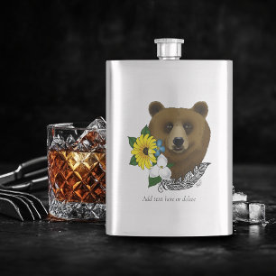Brown Bear Blue Flowers Feather Wildlife Hip Flask