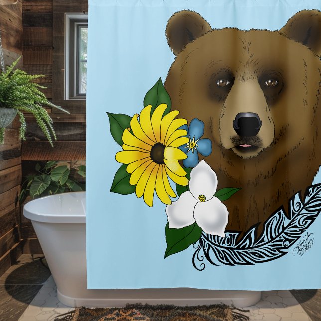 Brown Bear Blue Flowers Feather Wildlife Shower Curtain (Creator Uploaded)
