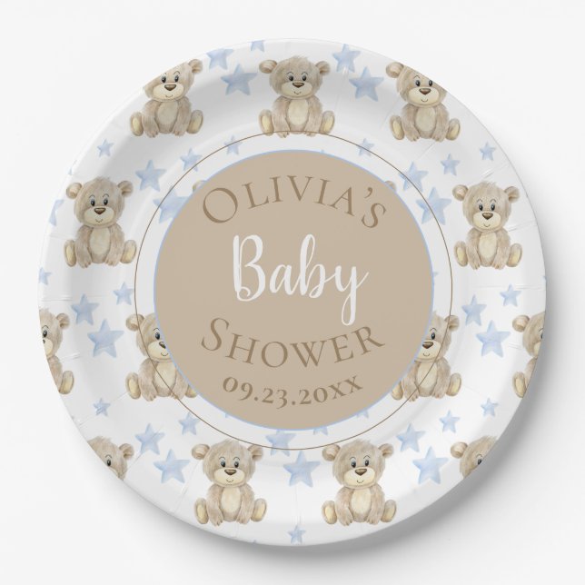 Brown Bear Blue Stars Watercolor Baby Shower Paper Plate (Front)
