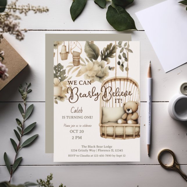 Brown Bear boho botanical first birthday Invitation (Creator Uploaded)