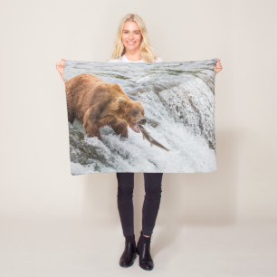 Brown Bear Catches Red Salmon Fleece Blanket