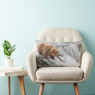 Brown Bear Catches Red Salmon Lumbar Cushion