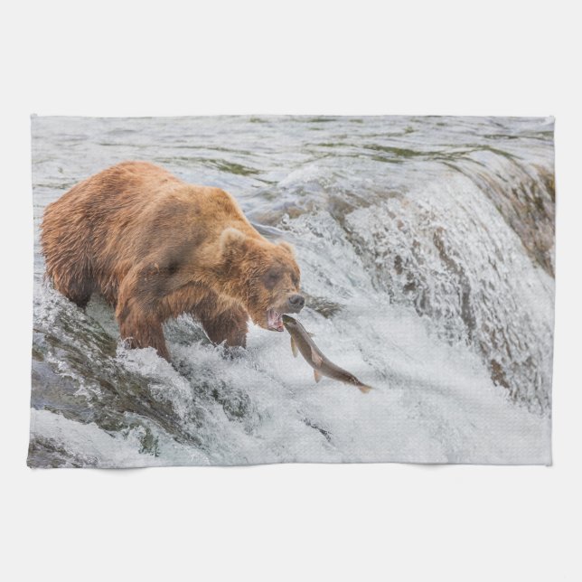 Brown Bear Catches Red Salmon Tea Towel (Horizontal)