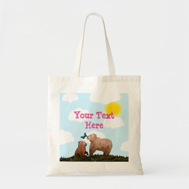 Brown Bear Cub and Mother with Butterfly Tote Bag (Front)