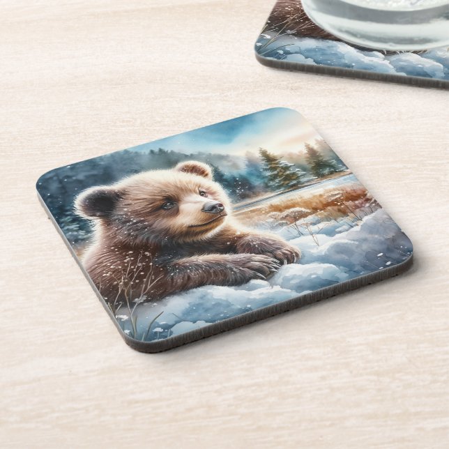 Brown Bear Cub in Winter Snow and Pine Trees Coaster (Left Side)