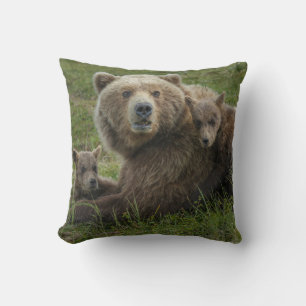 Brown Bear Cubs Cuddling with their Mother Cushion