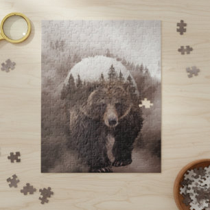 Brown Bear Double Exposure Forest Poster Jigsaw Puzzle