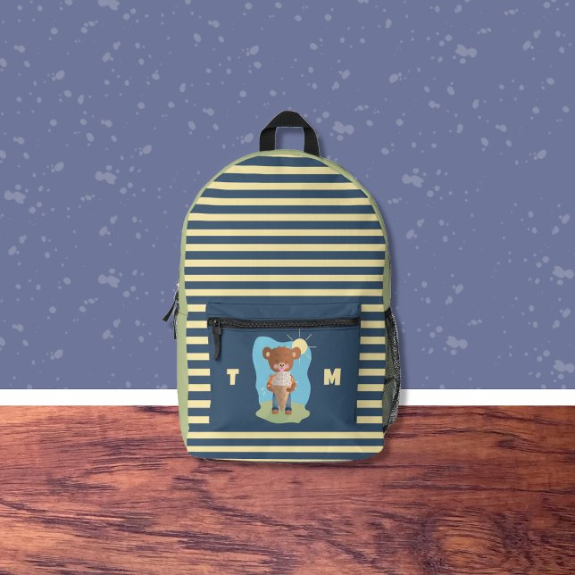 Brown Bear Eating Ice Cream Kid Striped Backpack (Cute backpack for kids to god back-to-school)