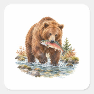 Brown Bear Fishing in a Stream Square Sticker