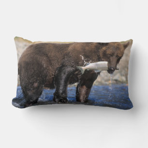 Brown bear, grizzly bear, with salmon catch, lumbar cushion