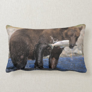 Brown bear, grizzly bear, with salmon catch, lumbar cushion