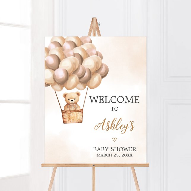 Brown Bear Hot Air Balloon Baby Shower Welcome Poster (Boho Brown Bear Baby Shower Welcome Sign)