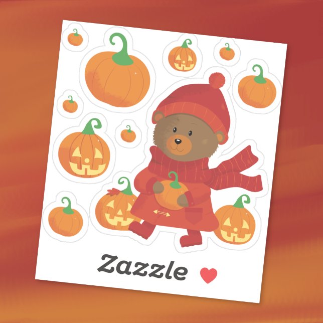 Brown Bear in Pumpkin Patch Stickers (Brown bear and pumpkins vinyl sticker pack
)