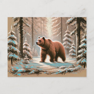 Brown Bear in Snowy Forest Pastel Chalk Art Postcard