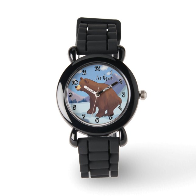 Brown bear in the mountain Funny Font Personalised Watch (Front)