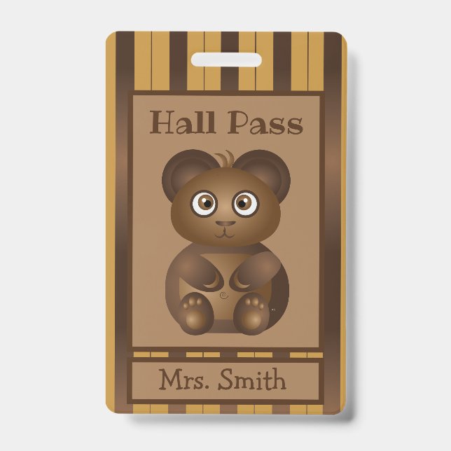 Brown bear kindergarten student hall pass ID badge (Front)