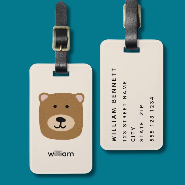 Brown Bear name Luggage Tag (Bear head luggage tag with personalized address and contact details to rear)