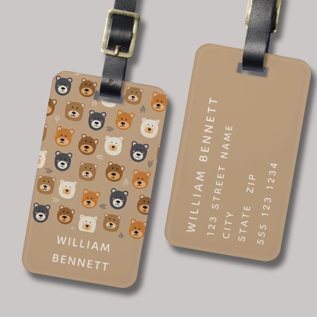 Brown Bear name patterned Luggage Tag (Woodland bear cute kids novelty luggage tag for travel. Personalise with your name & contact details)