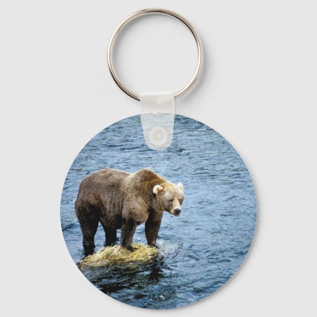 Brown bear on rock in river key ring (Front)