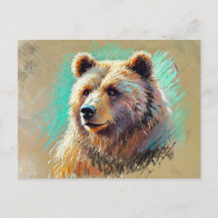 Brown Bear Portrait Pastel Chalk Artwork Postcard