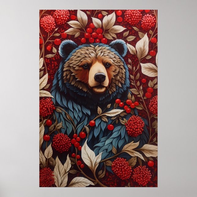 Brown Bear Red Berries William Morris Inspired Poster (Front)