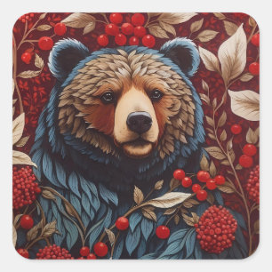 Brown Bear Red Berries William Morris Inspired Square Sticker