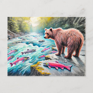 Brown Bear Watching Salmon Pastel Chalk Drawing Postcard