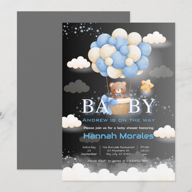 Brown Bear With Balloons Dual Colour Baby Shower Invitation (Front/Back)