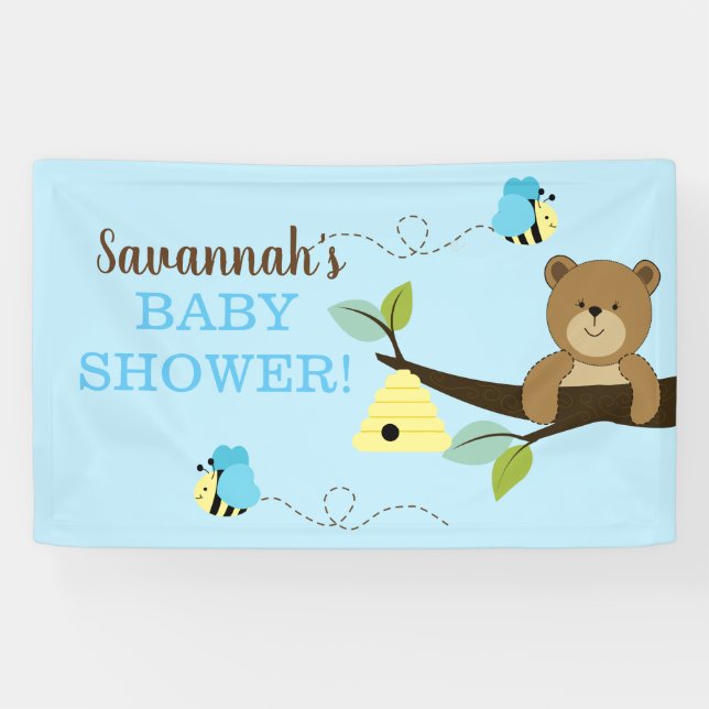 Brown Bear with Blue Bumble Bees Boy Custom Banner (Horizontal)