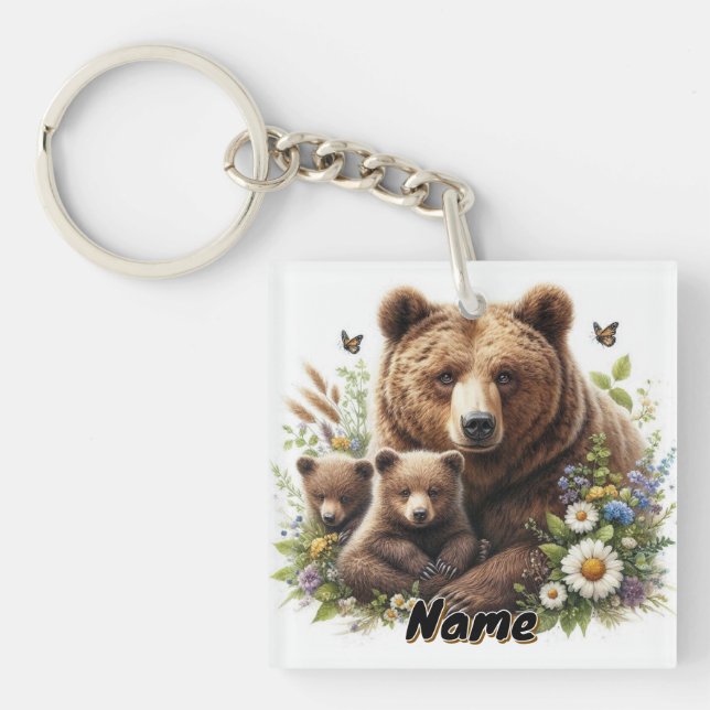Brown Bear with Cubs in a Floral Meadow Key Ring (Front)