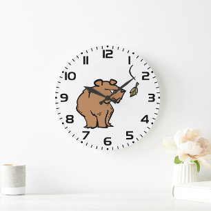 Brown Bear with Falling Autumn Leaf Cute Wildlife  Large Clock