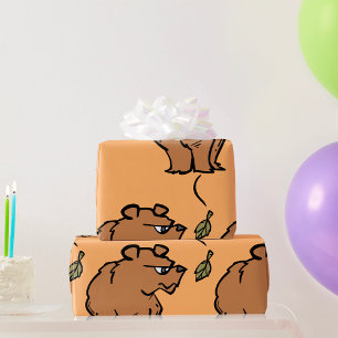 Brown Bear with Falling Autumn Leaf Cute Wildlife  Wrapping Paper