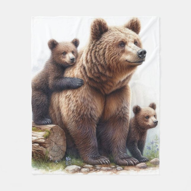 Brown Bear with Two Cubs Fleece Blanket (Front)