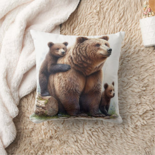Brown Bear with Two Cubs Rustic Wildlife Cushion
