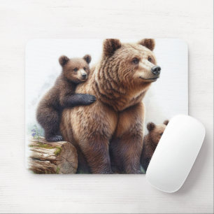Brown Bear with Two Cubs Rustic Wildlife Mouse Pad