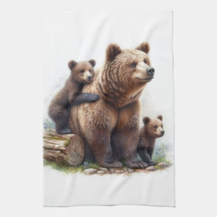 Brown Bear with Two Cubs Rustic Wildlife Tea Towel