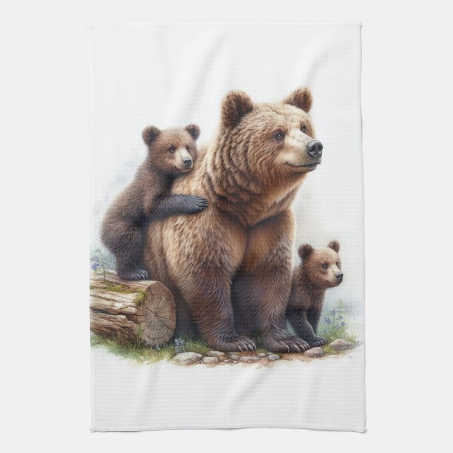 Brown Bear with Two Cubs Rustic Wildlife  Tea Towel (Vertical)