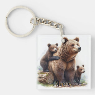 Brown Bear with Two Cubs Wildlife Family Key Ring