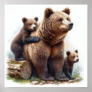 Brown Bear with Two Cubs Wildlife Family Poster