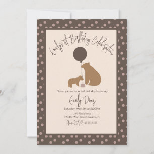 Brown Bears Balloon Cake First Birthday Party  Invitation