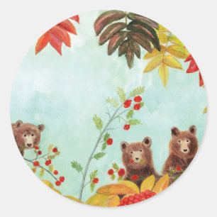 Brown Bears Eating Red Rowan Berries Classic Round Sticker