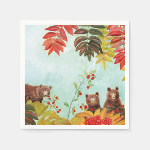 Brown Bears  Eating Red Rowan Berries  Napkin